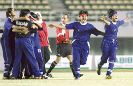 Punjab players rejoice after winning the first-ever Womens Football Championship in Pakistan