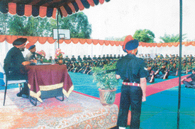 Western Command Territorial Army Group Commander, Brig G.S. Dhillon, addresses a special Sainik Sammelan on the occasion of the force's 56th Raising Day in Chandigarh on Sunday.