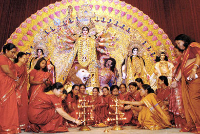 Devotees of Goddess Durga performing pooja at Aaram Bagh Durga Pooja Pandal in the Capital on Monday