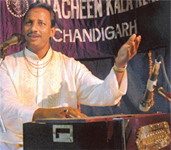 Sakhawat Hussain Khan performs at Pracheen Kala Kendra in Chandigarh on Tuesday. 