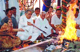 Lt. Governor B.L. Joshi taking part in a puja at Kalkaji Temple in the Capital on Tuesday. 