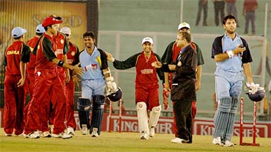 Y Venugopal Rao is congratulated by India B players after he completed his century which resulted in India Seniors victory in a league match of the Challenger Trophy at the PCA Stadium at Mohali