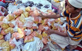 A Kashmir boy arranges food packets for Saturdays earthquake survivors in Srinagar