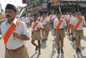 Swayam sewaks take out a march to mark the foundation day of the RSS in Jalandhar