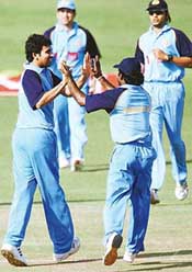 Zaheer Khan of India Seniors celebrates with team-mates after the dismissal of Robin Utthappa of India B during the final of the NKP Salve Challenger Trophy in Mohali on Thursday