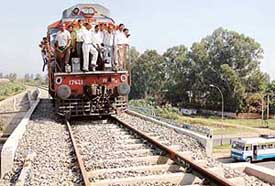 Officials of the Northern Railways inspect the Chandigarh-Morinda section of the upcoming rail link between Chandigarh and Ludhiana on Friday
