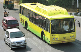 A high-capacity DTC bus on trial run from Hauz Khas to Shivaji Stadium in the Capital on Friday
