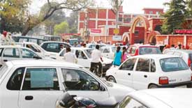 A view of the traffic jam in front of the Khalsa College for Women, Ghumar Mandi, Ludhiana, on Friday