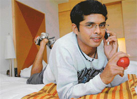 Sreesanth from Cochin, who has been selected in the Indian cricket team, relaxes in his room at Taj Hotel