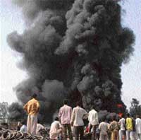 Thick smoke billows out of a tyre godown which had caught fire near Ferozepure road in Ludhiana on Saturday