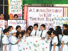 Children of Green Land Senior Secondary Public School, Ludhiana, celebrate the birthday of the President of India, Dr APJ Abdul Kalam, on Saturday