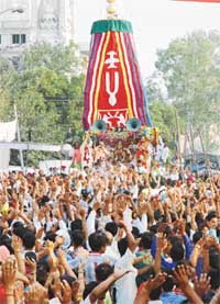 The ceremonial rath of Lord Jagannath which was flagged off by Haryana Chief Minister Bhupinder Singh Hooda in Ludhiana on Saturday