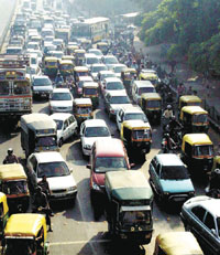 A traffic jam during the Hutch Delhi Half Marathon on Sunday