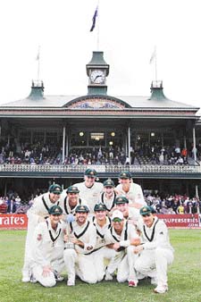 The Australian team celebrate their win over World XI in the Super Series Test match in Sydney on Monday
