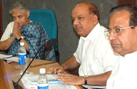 Delhi BJP president Dr Harsh Vardhan and Jagdish Mukhi at a meeting with Chief Minister Sheila Dikshit discussing the regularisation of industrial units in residential areas in the Capital on Tuesday