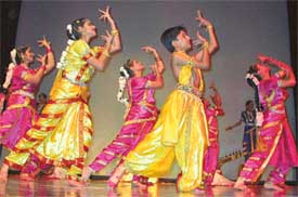 Students present a dance item on the occasion of the Founders Day celebrations of KVM in Ludhiana on Tuesday