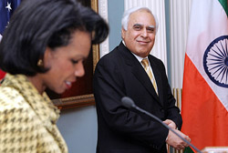 US Secretary of State Condoleezza Rice at a signing ceremony with Science and Technology Minister Kapil Sibal in the treaty room at the US State Department in Washinghton on Monday where they signed an umbrella science and technology agreement.