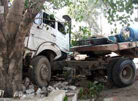The damaged truck-trailer which met with an accident at Giaspura Chowk in Ludhiana on Thursday morning