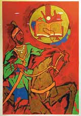 A painting of Guru Gobind Singh on horseback by M.F. Husain hangs outside the prayer room in Fortis hospital at Mohali