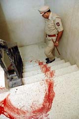 The blood-stained stairs of UCO Bank in South Mumbai, where a guard shot a bank official and later shot himself on Thursday