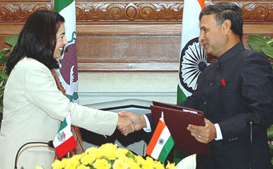 Minister of State for External Affairs Rao Inderjeet Singh and Vice-Minister for Foreign Affairs of Mexico Lourdes Aranda Bezaury exchange a signed agreement in New Delhi on Friday. 