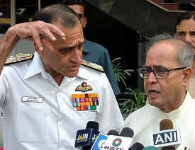 Defence Minister Pranab Mukherjee with Navy Chief Arun Prakash at the Naval senior officers conference at Sena Bhavan in New Delhi on Friday.