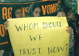 Women protest outside the Maharasthra police headquarters in Mumbai on Thursday against rising incidents of rape by policemen.