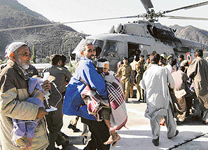 Armed for relief: Army helicopters carrying the injured from affected areas for treatment to Srinagar