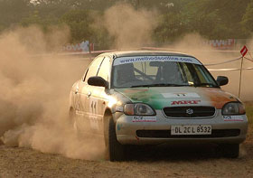 A rallyist negotiates a turn during the Super Special Stage of the HPCL Power M1 Challenge at Kalagram, Chandigarh, on Friday