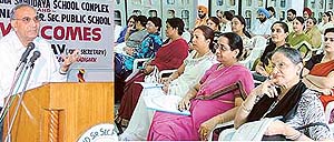 Mr D.R. Yadav, Joint Secretary and Regional Officer, CBSE, Chandigarh, delivers a keynote address to Principals of Ludhiana, Moga and Patiala at the Principals’ meeting held at Green Land Senior Secondary School in Ludhiana on Saturday. (Right) Principals listen to the address.