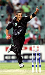 New Zealands Andre Adams celebrates dismissing South Africas Shaun Pollock for a duck during their Twenty20 international match in Johannesburg on Friday