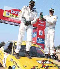 Team JKs Naren Kumar and Ram Kumar celebrate after winning the overall title in the Power M1 Challenge which concluded at Kalagram, Chandigarh, on Sunday