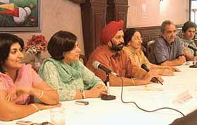 Dimple Minocha, Jaishree Thakur, G.S.Kochhar, Kiran B.M. Singh, S.M.S Sandhu and Binny Bath address a press conference regarding the Punjab Amateur Ladies Golf Championship in Chandigarh on Sunday