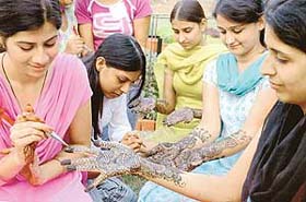 Students take part in mehndi competition at the Youth Festival of Punjab University at Dev Samaj College, Sector 45, Chandigarh