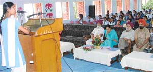 A student presents her views at the Giani Harjit Singh Memorial Declamation Contest held at Guranwala Guru Nanak Public School in Ludhiana on Tuesday