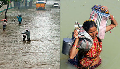 People wade through a flooded road in Chennai; a woman wades through a flooded village road in Prathap Dihi, 190 km west of Kolkata, on Tuesday