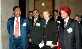 Union Minister for Road Transport , Highways and Shipping T.R. Balu, Union Minister for Civil Aviation Praful Patel, President of the US-India Business Council Ron Somers and FICCI President Onkar S. Kanwar at the opening session of the FICCI-US Indian Business Council conference on Indias infrastructure Challenges and opportunities in Washington DC on Tuesday