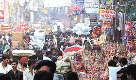 Visitors throng Sadar Bazar to buy Divali gifts in the Capital on Wednesday