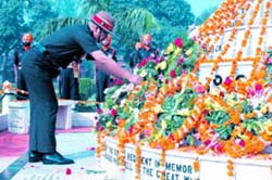 Lt Gen Mandhata Singh, General Officer Commanding, lays a wreath at the Vajra War Memorial in Jalandhar on Thursday. 