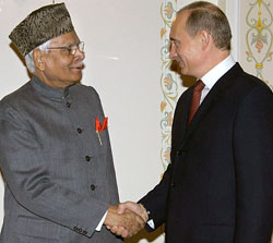 Russian President Vladimir Putin welcomes Indian External Affairs Minister Natwar Singh at the presidential residence in Novo-Ogaryovo near Moscow on Thursday.