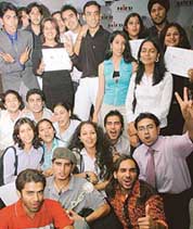 Students of NIFD share their joy after winning Antaragni-2005 (annual festival) held at the IIT, Kanpur, in their institute at Sector 8, Chandigarh, on Friday.