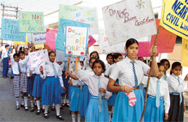 Students of Sanatan Vidya Mandir Secondary School and Sanatan High School, Deep Nagar, take out a rally against bursting of crackers in Ludhiana