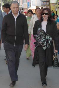 The Mauritius Prime Minister, Dr Navinchander Ramgoolam, with his wife Veena Ramgoolam, walk on the Mall, Shimla