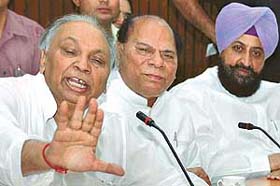From left: Finance Minister Surinder Singla, Punjab Local Bodies Minister Chaudhary Jagjit Singh and PWD Minister Partap Singh Bajwa at a press conference in Jalandhar