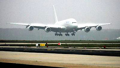 A prototype of the Airbus A380 lands at Rhein-Main Airport in Frankfurt, western Germany, on Saturday