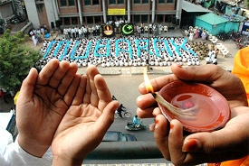 Students of Anjuman-e-Islam school in Ahmedabad gather in a formation to reveal the word Mubarak 