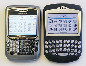 The new BlackBerry 8700 (left) and an older BlackBerry 7200 (right) are shown in New York on Tuesday. The new BlackBerry, which is thinner, narrower and lighter, includes dedicated "send" and "end" buttons for phone calls, a speakerphone button, two programme keys, internal memory of 64 megabytes and a brilliant colour screen.