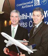 Mr Jeffery Smisek, President, Continental Airlines, and Mr Laurent Recoura, Senior Director, India, at the launch of a direct non-stop flight between New Delhi and New York in New Delhi on Thursday