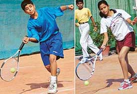 Chandral Sood and Mehak Thakur of New Delhi in action during the CBSE North zone 1 Tennis Meet which began at Mount Carmel School, Sector 47, Chandigarh, on Thursday