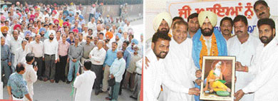 Employees protest against the local Councillor, Mr Simarjit Singh Bains (left); another section of employees honour him for his crusade against corruption in Ludhiana on Thursday